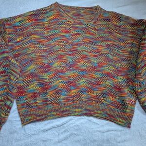 Multi-Color Rainbow Knit Sweater - Boxy Boho Crop Crochet Pullover